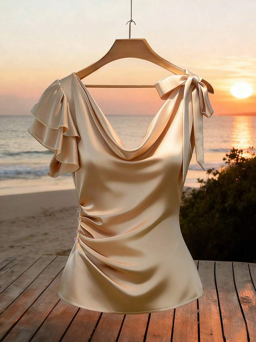 GlowEve Women's Woven Elegant And Fashionable Summer Blouse - Apricot - View 1