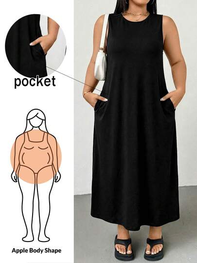 Shapeblank Robe longue basique polyvalente et affinante sans manches avec poches pour femmes grandes tailles, style décontracté et confortable pour le printemps/été. Tenue d'été, robe noire, style simple, robe légère
