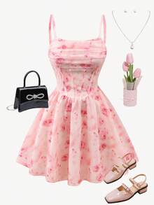 SHEIN Girlism Robe de fille adolescente à fleurs marguerite roses en tricot, taille cintrée avec fronces devant. Tenue élégante pour les sorties et les rassemblements, printemps/été, vacances et jours fériés - Rose bonbon - Voir 3