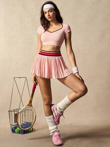 VARSIVA Women's Cropped Top With Contrast Striped Pleated Mini Skirt Pants Sports Suit - Multicolor - View 7