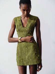 Aveloria Modichic Đầm midi cổ chữ V không tay kiểu vintage thêu họa tiết, màu xanh rêu, chất liệu vải pha lanh, thích hợp cho các buổi gặp gỡ thân mật, thanh lịch và tôn dáng, đầm hè cho nữ, đầm nữ, đầm nữ, đầm nữ, đầm nữ - màu xanh lá - Xem 3