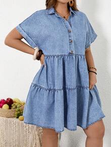EMERY ROSE EMERY ROSE Plus Size Solid Color Minimalist Casual Short Sleeve Denim Dress - Light Wash - View 4