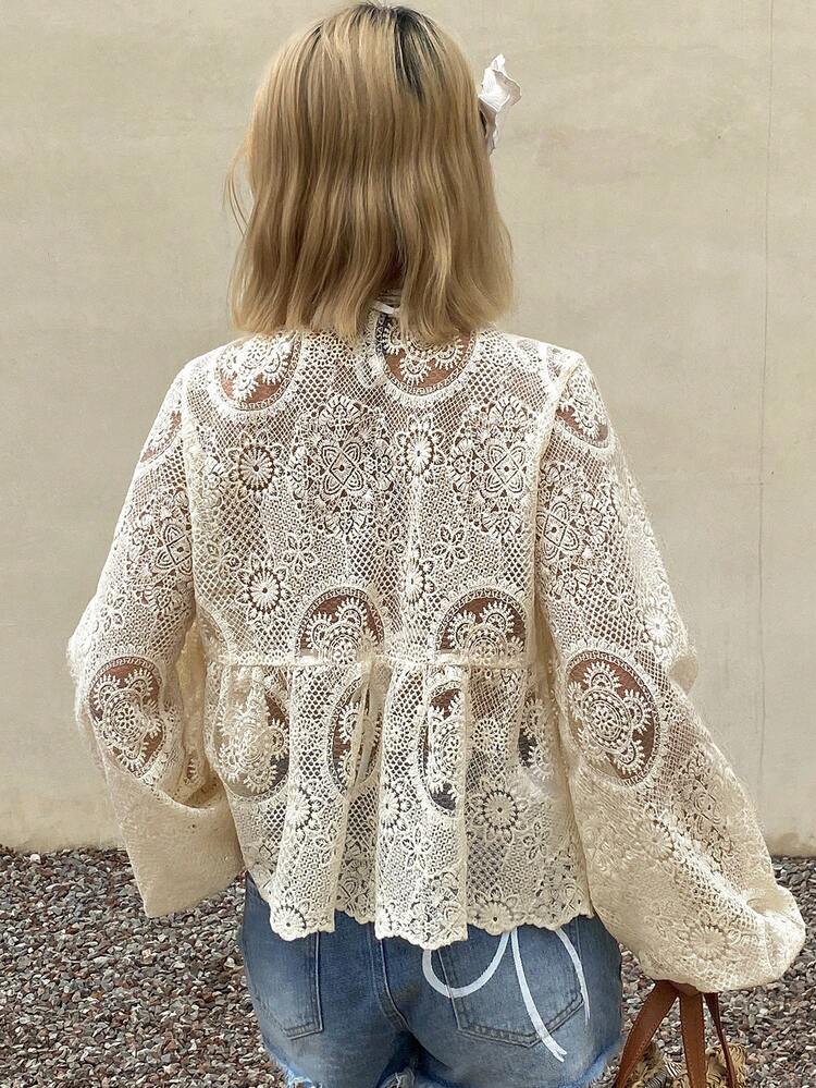 Women's Spring/Summer Beach Vacation Style Lantern Sleeve Front Tie Semi-Sheer Loose Shirt Boho