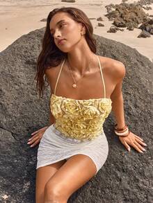 Opulessa Áo ống ôm sát dành cho nữ, chất liệu vải có họa tiết, thích hợp cho kỳ nghỉ xuân/hè. - Màu vàng - Xem 2