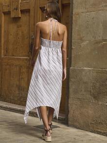 Nöista Vacation Casual Striped Asymmetric Hem Backless Halter Dress - Red - View 2