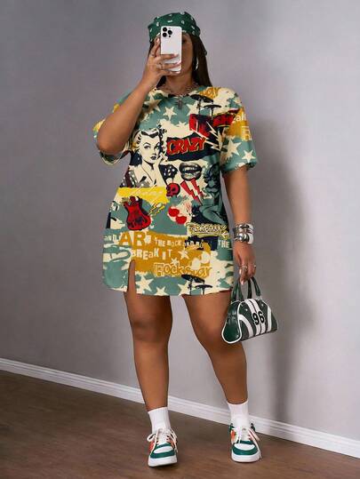 Slaydiva Vestido de manga corta con estampado retro estadounidense, diseño de hombros descubiertos y abertura lateral, para vacaciones de primavera/verano en talla grande, estilo casual de calle