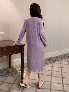 DAZY 女款甜美花卉蕾絲飾邊長款睡袍睡衣 - 淡紫色 - 查看 2
