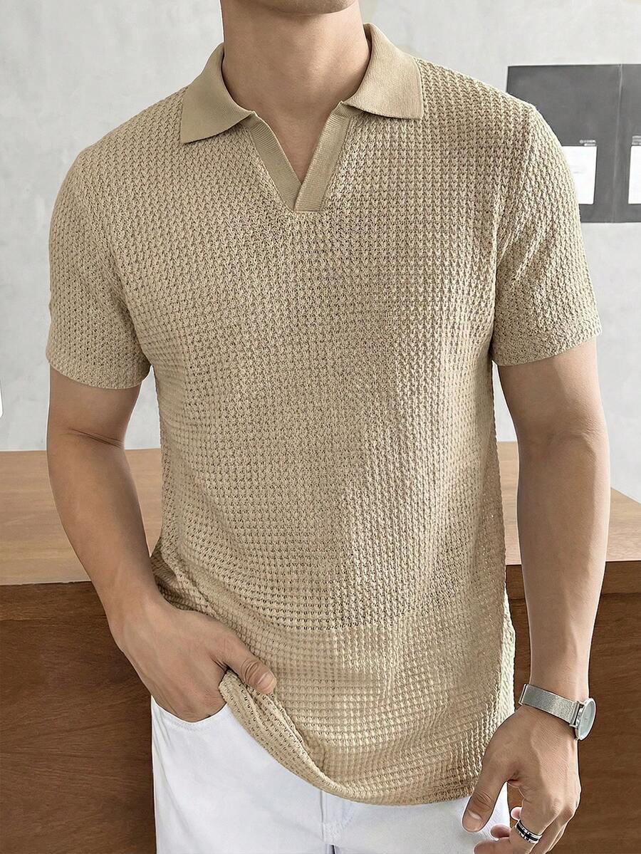 SWAVVY Men's Casual Loose Turndown Collar Short Sleeve Polo Shirt, Khaki Solid - Khaki - View 1