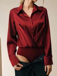 Anewsta Women's Fashionable Elegant Ruched Collar Bodysuit - Burgundy - View 1