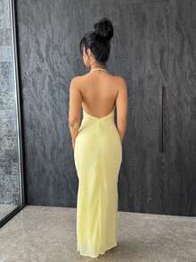 Vassilux Women's Sexy And Elegant Chiffon Cowl Draped Neck Open Back Beaded Chain Decor Bodycon Long Maxi Dress, Yellow Butter Maxi Dress,Women Dating Dress,Women Night Out Dress, Summer Dresses For Women, Honeymoon Outfits Woman .Women Wedding Guest Dress. Island Vacation Outfits,Birthday Dresses For Women,Club Outfits Women Sexy Party - Light Yellow - View 3