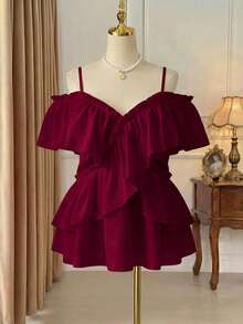 Rometta Áo sơ mi hai dây thiết kế tay bèo nhún lãng mạn màu trơn cỡ lớn Áo peplum Áo sơ mi nữ mùa hè Quần áo mùa hè Quần áo nữ - Màu đỏ tím - Xem 1