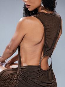 Denimoi O-Ring Open Back Mini Dress Sexy Dresses Clubwear GNO Concert Outfits - Brown - View 6