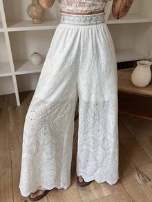 DAZY Women's Solid Color Jacquard Fabric Patchwork Sequin Waistband Loose Wide Leg Pants, Elegant Resort Wear For Summer Boho Vacation Outfits Women - White - View 6