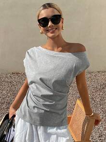 DAZY Striped Open Shoulder Ruched Bodycon Short Sleeve T-Shirt For Women Summer - Grey - View 5