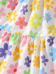 女童碎花印花方领荷叶袖T恤和迷你裙可爱套装 - 彩色 - 查看 7