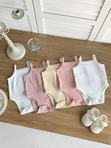 SHEIN Pelele de punto de unicolor lindo de verano para bebé recién nacida, multicolor - Rosa - Ver 6
