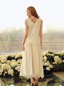 MOTF PREMIUM 女士优雅浪漫蕾丝刺绣拼接中长款亚麻混纺连衣裙，春夏款 - 杏色 - 查看 4