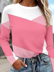 EMERY ROSE Women's Long Sleeve T-Shirt,Pink And White Color Block Patchwork Printed Blouse,Autumn Casual Everyday Classic Pattern Design,Elegant Comfortable - Grey - View 3