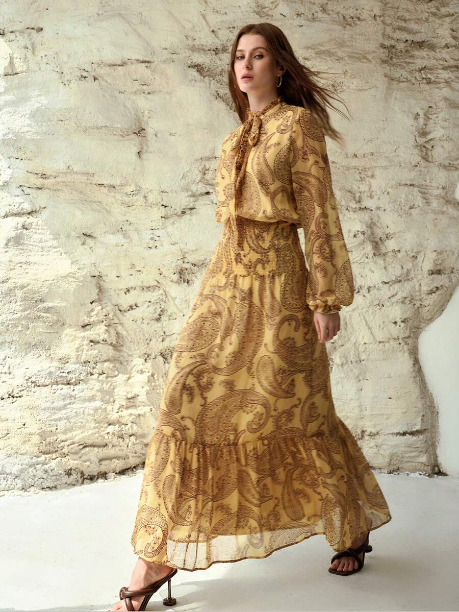 MOTF PREMIUM PAISLEY PRINT VACATION STYLE LONG SLEEVE DRESS, SPRING/SUMMER - Yellow - View 1