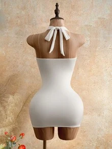 Mistrie Women's Floral Print Pleated Elegant Sexy Minimalist Halter Tie Waist Short Dress, Suitable For Dates Golf White Summer - Apricot - View 2
