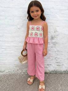 Emery Rose Kids Emery Rose Kids 2件套女童纯色编织吊带背心和长裤套装，粉色衬衫，夏季服装，抹胸上衣，春季女童套装，女童喇叭裤套装，波西米亚风女童粉色夏季套装，钩针花卉吊带背心和阔腿裤，女童粉色花卉钩针吊带背心和阔腿裤套装，可爱儿童夏季服装，女童粉色连体衣，女童春季连体裤，女童两件套，女童褶皱套装，儿童夏季女童服装，花卉套装 - 粉色 - 查看 6