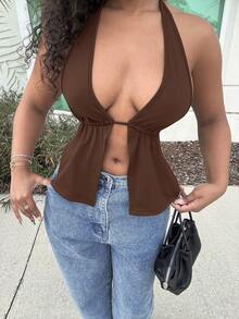 Alexandranx Của phụ nữ Không lưng Halter Neck Buộc Nút Áo - màu nâu - Xem 3