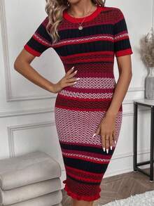 SHEIN Vestido corto de mujer con cuello redondo, ajustado y con rayas retro - Multicolor - Ver 6