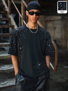 PAVTROS Camiseta casual de hombre con decoración de diamantes, verano - Negro - Ver 3