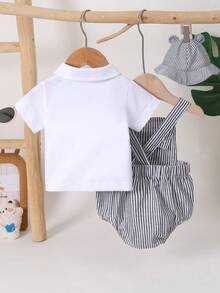 SHEIN 3件套新生男宝宝休闲白色针织撞色领短袖衬衫、小熊刺绣条纹背带裤和条纹纽扣帽，舒适、时尚、简约、实用、百搭、可爱夏季装扮 - 彩色 - 查看 2