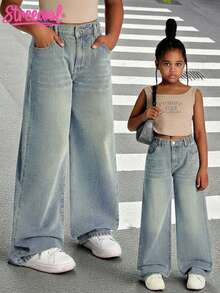 Explorewe Loose Fit Vintage Washed Denim Wide Leg Jeans For Tween GirlsCasual Style, Elastic Waist, Suitable For Vacation, Music Festival, School, Commute, Party And Other Occasions - Blue - View 4