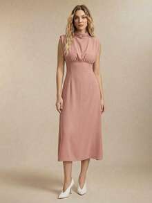 BizChic 纯色优雅高领收腰连衣裙，百搭实用，适合商务、休闲、婚礼、办公室、正式场合、Y2K、90年代复古风、派对、毕业典礼、假日等各种场合，简约百搭，也适合婚礼宾客、伴娘、主持人、外出、社交、约会、派对、音乐会、毕业典礼、早午餐、机场等场合。 - 粉色 - 查看 2