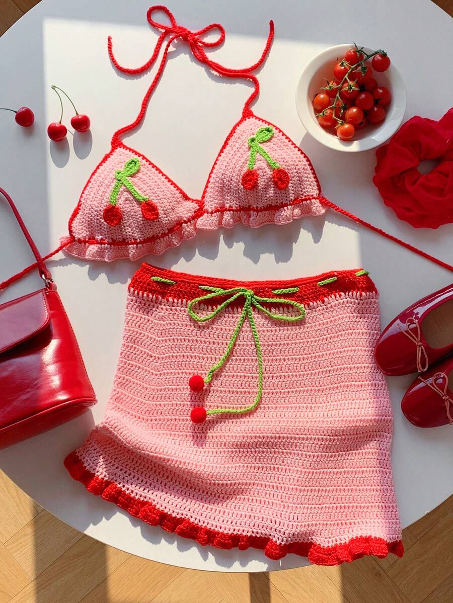 Comfortcana Women's Sexy Sweet Style Hand-Crocheted Halter Cherry Bikini Top With Tie Pom Pom Ruffle Hem Mini Skirt - Multicolor - View 1
