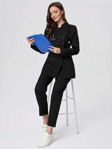 Scrubzie Anti-Wrinkle Stand Collar Long Sleeve Women's Scrub Uniform Top And Pants Set - Black - View 5