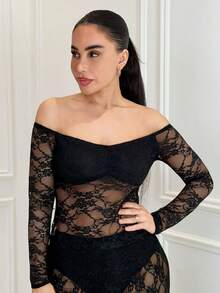 Milla Jasmine Romantic Date Sexy Long Sleeve Solid Color Lace See-Through Off-Shoulder Women's Top, Summer - Black - View 3