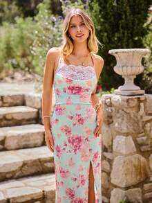 KARISMINA Spring & Summer Vacation Woven Printed Lace Splice Draped Neck Slit Strap Dress For Women - Pink - View 5