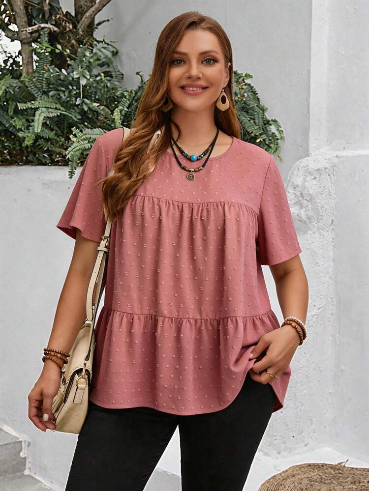 Plus Size Women's Solid Color Round Neck Ruffle Short Sleeve Loose Blouse, Boho For Women, Summer, Western Wear Women, Vacation Woman, Spring