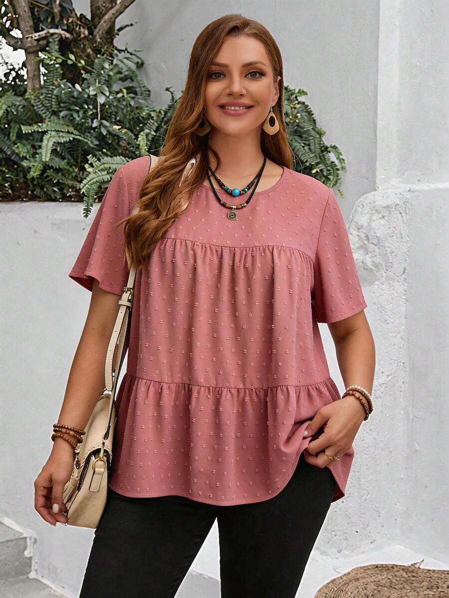 EMERY ROSE Blusa suelta de mujer de talla grande con cuello redondo y volantes de manga corta, de unicolor, estilo bohemio para mujer, para verano, ropa occidental para mujer, para vacaciones, primavera - Rosa - Ver 1