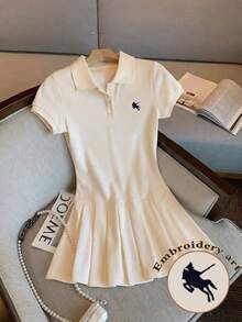 GlowEve Women's Casual Knight Embroidery Pleated Hem Dress, Summer - Beige - View 6