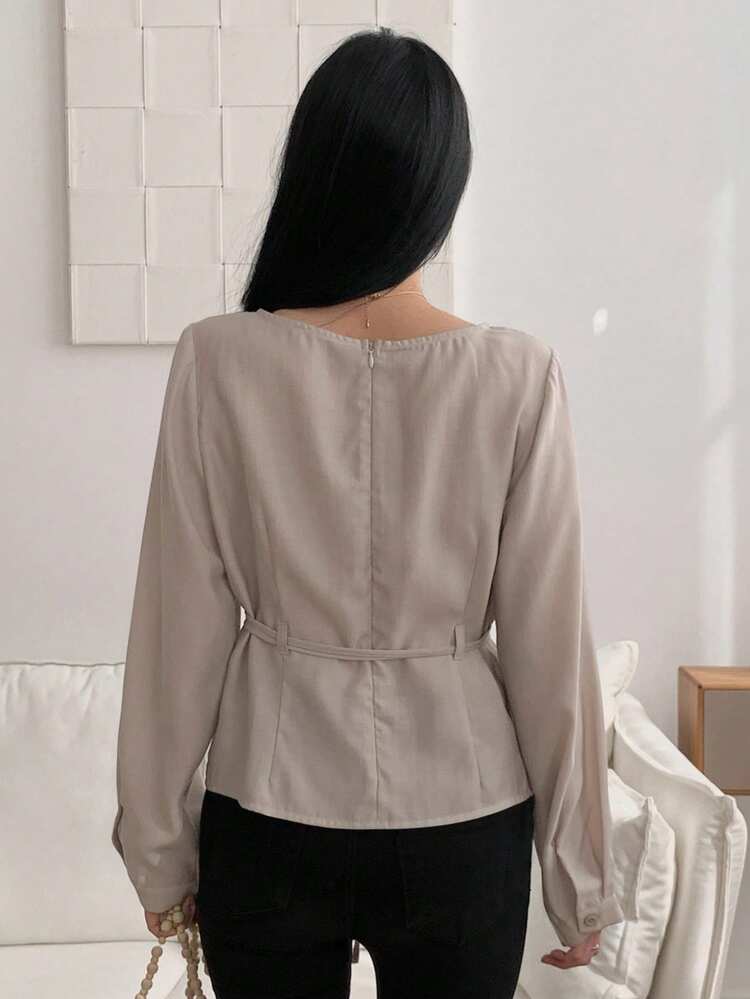 Women's Solid Color Belted Elegant Formal Summer Blouse