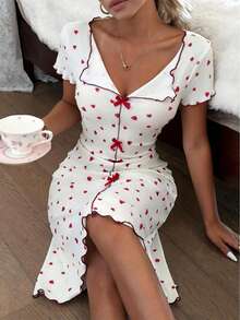 CottageSlumber 女士翻领针织修身睡裙，饰有蝴蝶结和心形印花 - 白色 - 查看 1