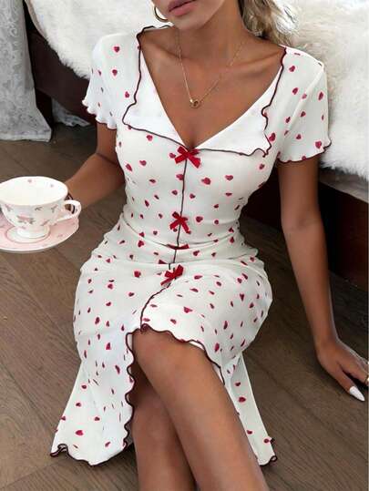 CottageSlumber Women's Collared Knit Fitted Nightgown With Bow & Heart Print Decor