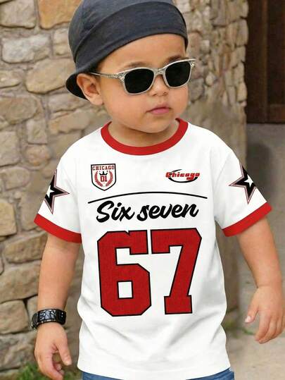 SHEIN Young Boy New Casual Minimalist, Y2K, Number 67 Print, Colorblock, Street Style, Sports Casual Short Sleeve Round Neck T-Shirt, Suitable For Summer
