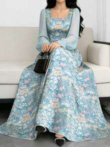 Modelyn 梦幻花卉图案刺绣印花浅蓝色方领灯笼袖休闲长裙，夏季收腰长款连衣裙，适合度假和日常穿着。 - 彩色 - 查看 4