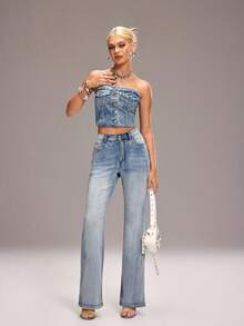 Y2Kool Studio Chunk 女士复古图案刺绣修身喇叭牛仔裤，浅蓝色 - 淺藍色 - 查看 6