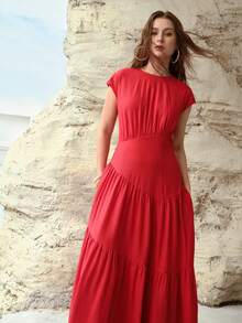 MOTF PREMIUM 亚麻混纺不对称褶裥长连衣裙 - 紅色 - 查看 4