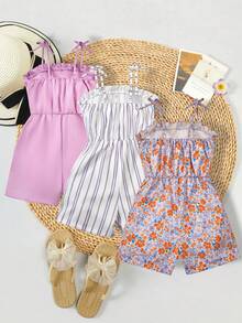 SHEIN Genkimix Kids 3件套少女休闲度假可爱碎花条纹纯色连体衣，适合多子女家庭、海滩度假、户外玩耍、上学等场合。 - 彩色 - 查看 2