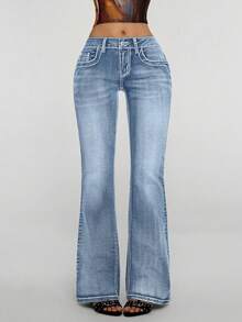 SHEIN Tall Women's Low-Waist Versatile Embroidered Flare Leg Jeans - Light Wash - View 6