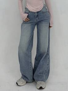 DAZY Quần jeans nữ dáng suông rộng rãi, tối giản, đa năng, thích hợp mặc hàng ngày đi làm, đã qua xử lý giặt, màu bạc. - Màu xanh lam - Xem 1