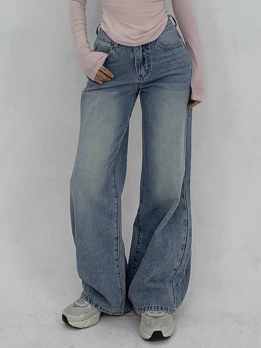 DAZY Quần jeans nữ dáng suông rộng rãi, tối giản, đa năng, thích hợp mặc hàng ngày đi làm, đã qua xử lý giặt, màu bạc. - Màu xanh lam - Xem 1