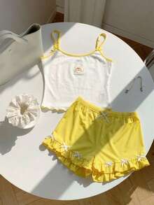 Comfortcana 2件套女士休闲黄色吊带背心和短裤套装，时尚夏季服装 - 黃色 - 查看 4